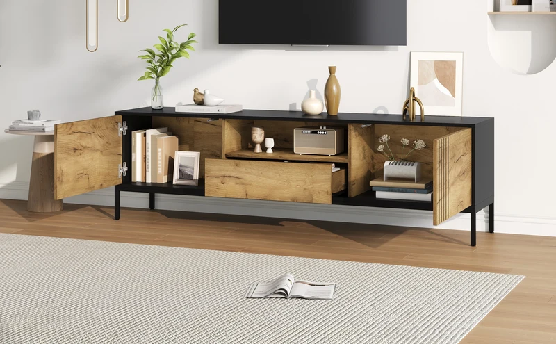 Meuble TV effet chêne 2 portes et 1 tiroir 170x35x50cm ALUMINUMNIGHTSTAND
