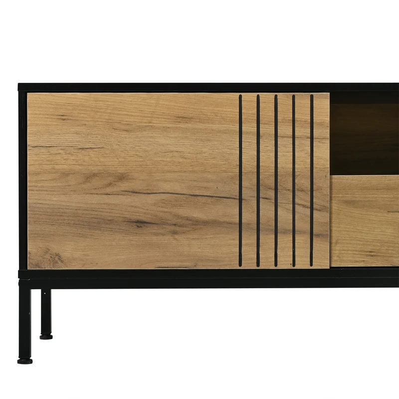 Meuble TV effet chêne 2 portes et 1 tiroir 170x35x50cm ALUMINUMNIGHTSTAND