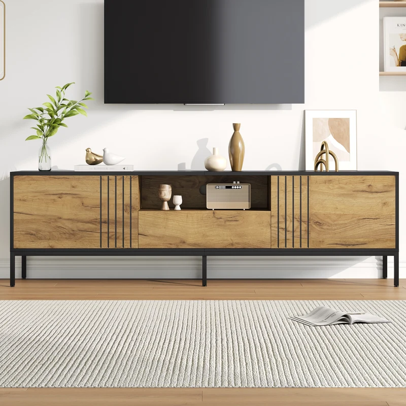 Meuble TV effet chêne 2 portes et 1 tiroir 170x35x50cm ALUMINUMNIGHTSTAND