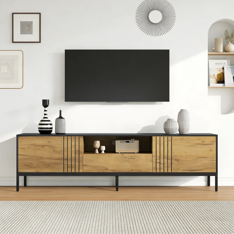 Meuble TV effet chêne 2 portes et 1 tiroir 170x35x50cm ALUMINUMNIGHTSTAND