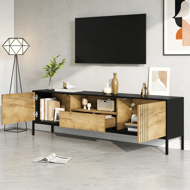 Meuble TV effet chêne 2 portes et 1 tiroir 170x35x50cm ALUMINUMNIGHTSTAND