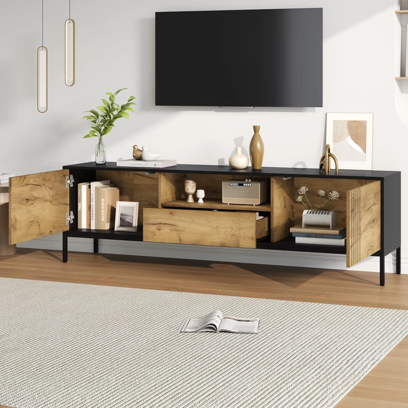 Meuble TV effet chêne 2 portes et 1 tiroir 170x35x50cm ALUMINUMNIGHTSTAND