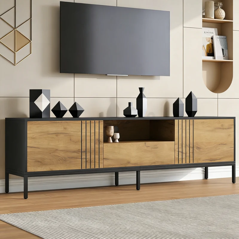 Meuble TV effet chêne 2 portes et 1 tiroir 170x35x50cm ALUMINUMNIGHTSTAND