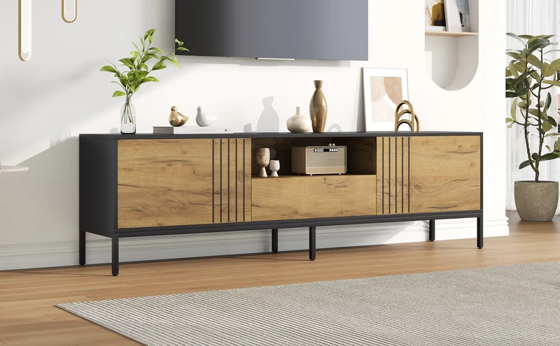 Meuble TV effet chêne 2 portes et 1 tiroir 170x35x50cm ALUMINUMNIGHTSTAND