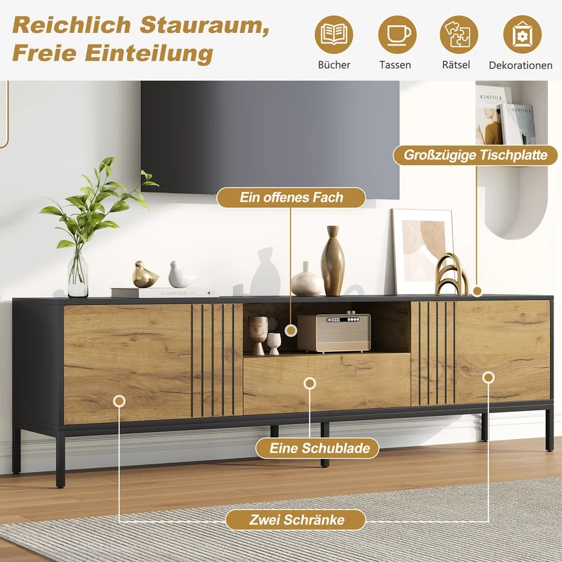 Meuble TV effet chêne 2 portes et 1 tiroir 170x35x50cm ALUMINUMNIGHTSTAND