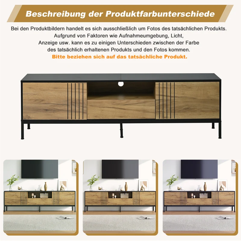 Meuble TV effet chêne 2 portes et 1 tiroir 170x35x50cm ALUMINUMNIGHTSTAND