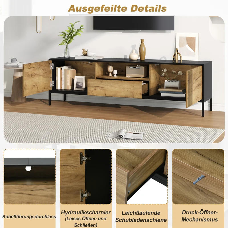 Meuble TV effet chêne 2 portes et 1 tiroir 170x35x50cm ALUMINUMNIGHTSTAND
