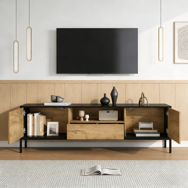Meuble TV effet chêne 2 portes et 1 tiroir 170x35x50cm ALUMINUMNIGHTSTAND