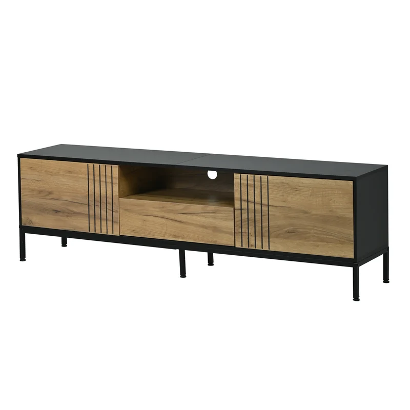 Meuble TV effet chêne 2 portes et 1 tiroir 170x35x50cm ALUMINUMNIGHTSTAND