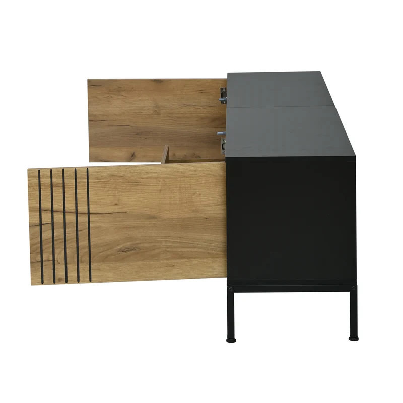 Meuble TV effet chêne 2 portes et 1 tiroir 170x35x50cm ALUMINUMNIGHTSTAND