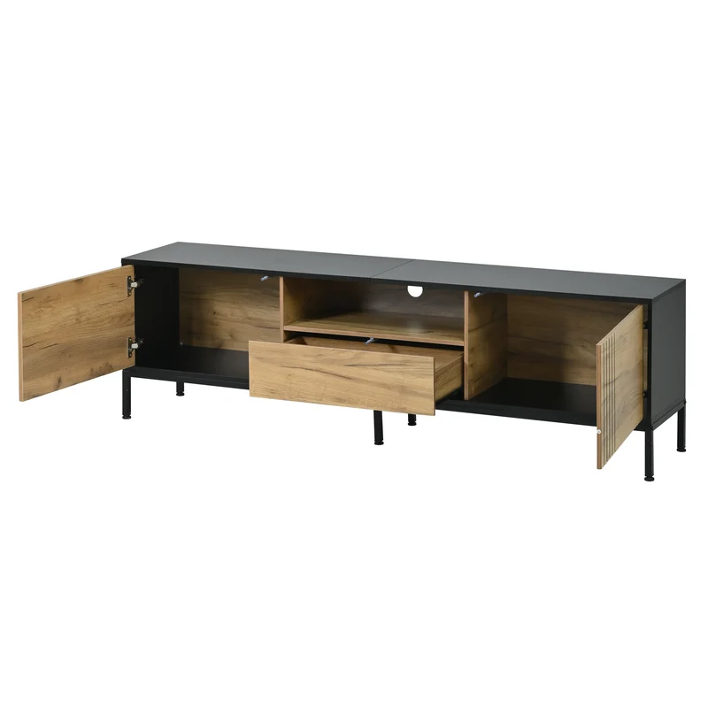 Meuble TV effet chêne 2 portes et 1 tiroir 170x35x50cm ALUMINUMNIGHTSTAND