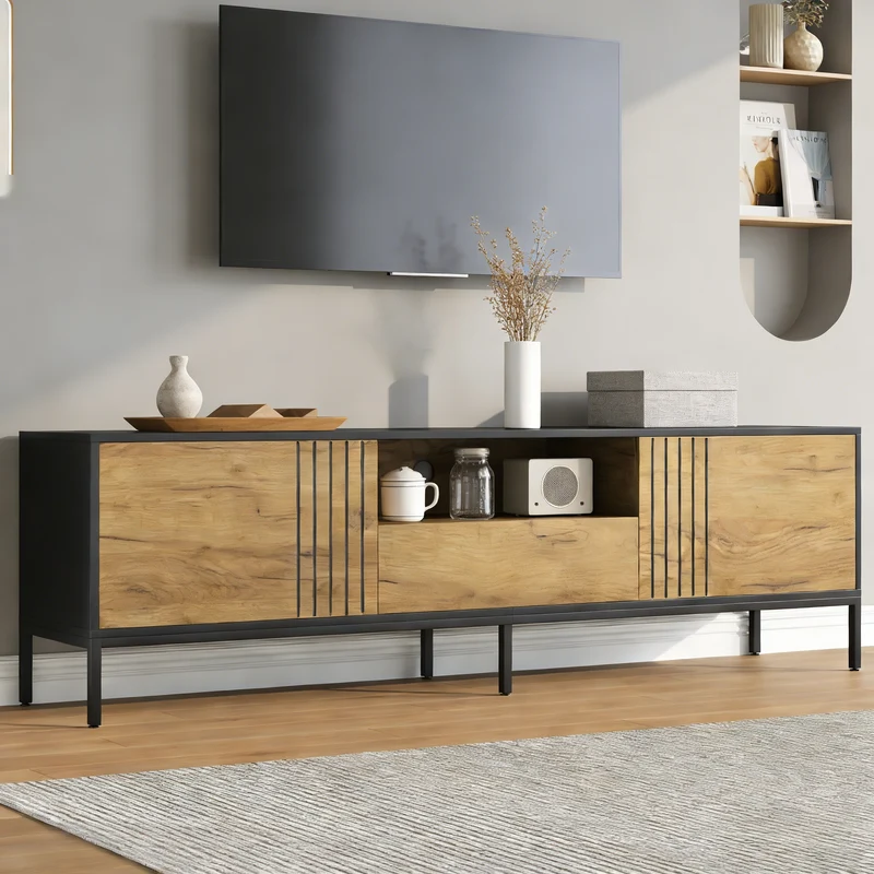 Meuble TV effet chêne 2 portes et 1 tiroir 170x35x50cm ALUMINUMNIGHTSTAND