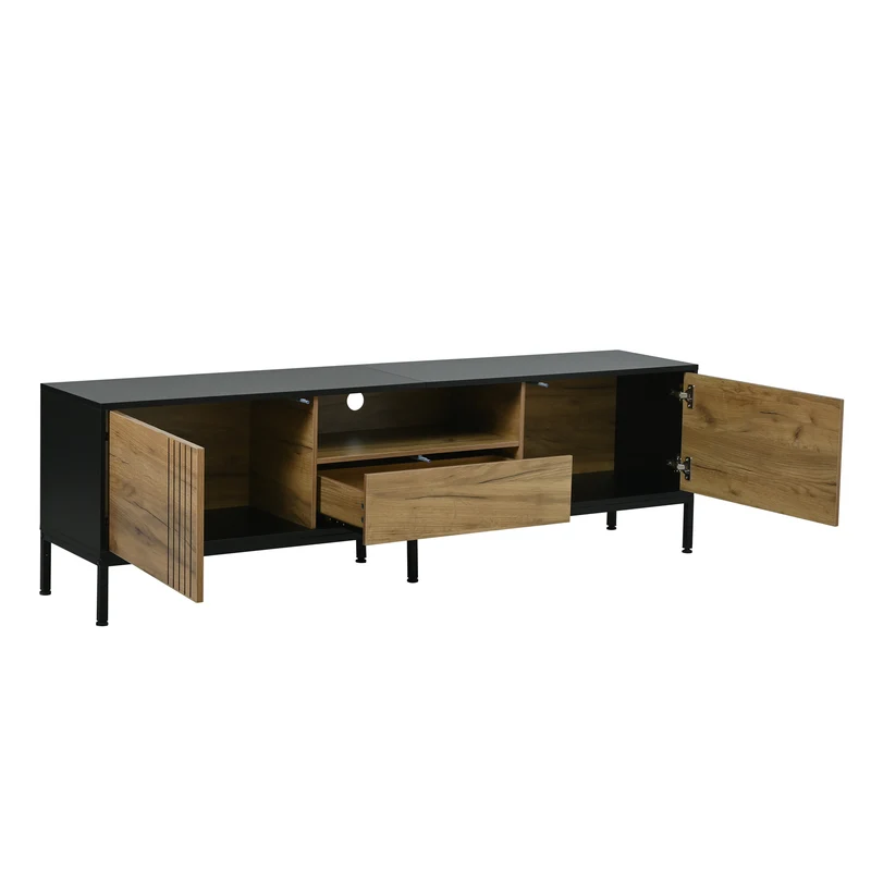 Meuble TV effet chêne 2 portes et 1 tiroir 170x35x50cm ALUMINUMNIGHTSTAND