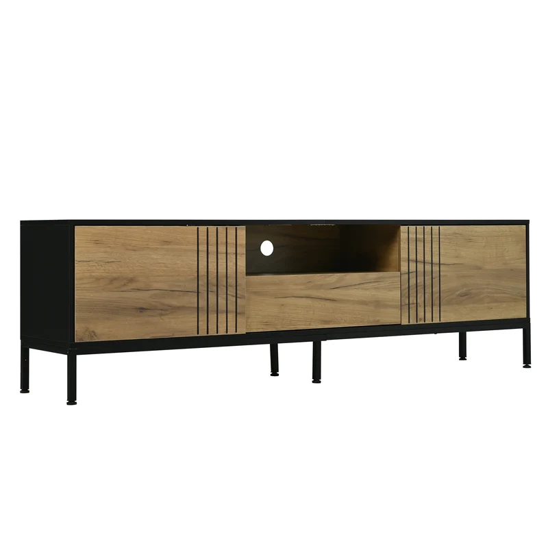 Meuble TV effet chêne 2 portes et 1 tiroir 170x35x50cm ALUMINUMNIGHTSTAND