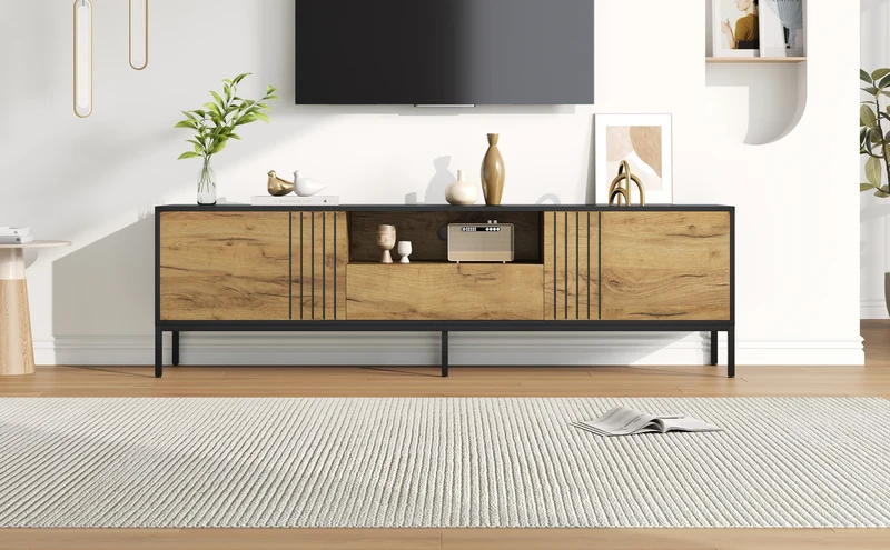Meuble TV effet chêne 2 portes et 1 tiroir 170x35x50cm ALUMINUMNIGHTSTAND