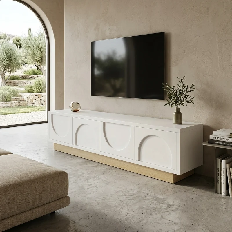 Meuble TV blanc 4 portes motif courbé 175x40x41,5cm ADJUSTGOLDLINE
