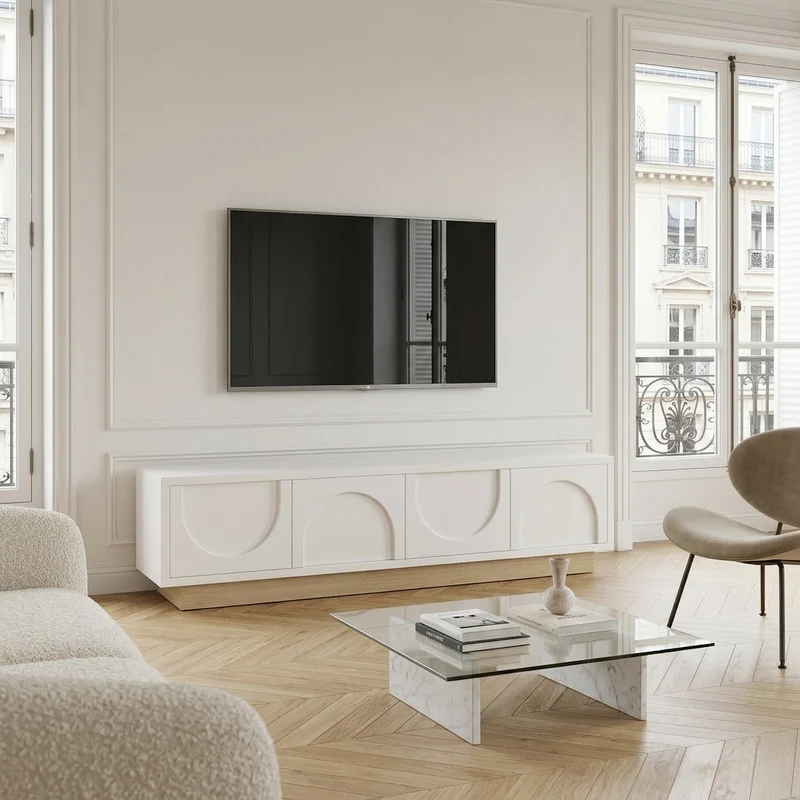 Meuble TV blanc 4 portes motif courbé 175x40x41,5cm ADJUSTGOLDLINE