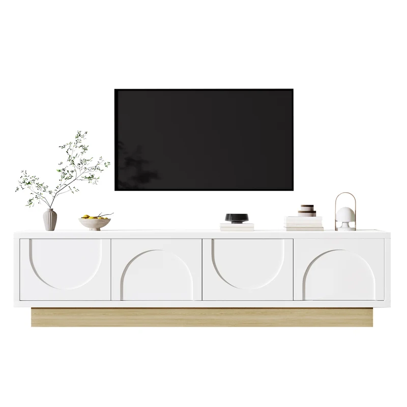 Meuble TV blanc 4 portes motif courbé 175x40x41,5cm ADJUSTGOLDLINE