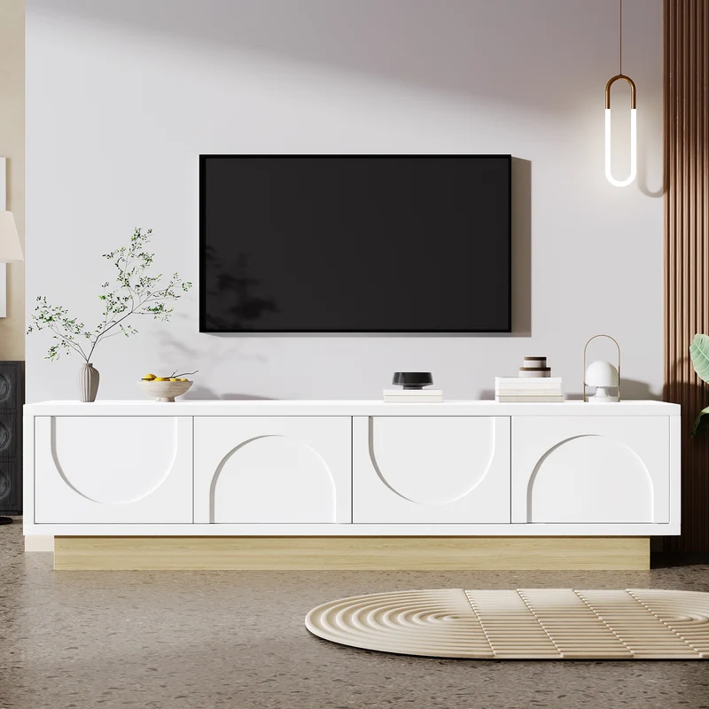 Meuble TV blanc 4 portes motif courbé 175x40x41,5cm ADJUSTGOLDLINE
