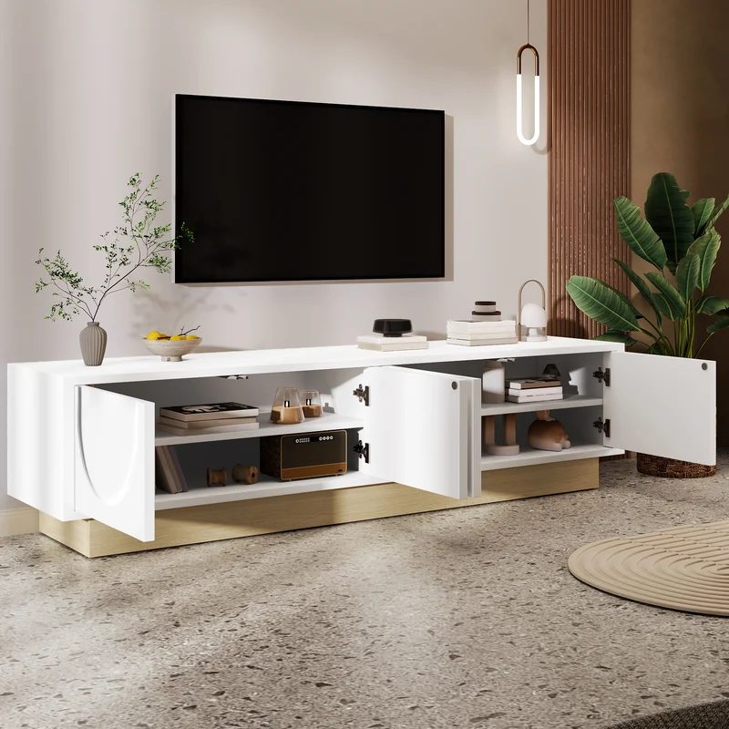 Meuble TV blanc 4 portes motif courbé 175x40x41,5cm ADJUSTGOLDLINE