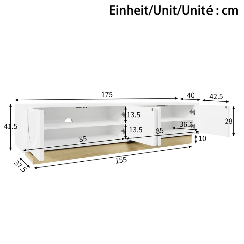 Meuble TV blanc 4 portes motif courbé 175x40x41,5cm ADJUSTGOLDLINE