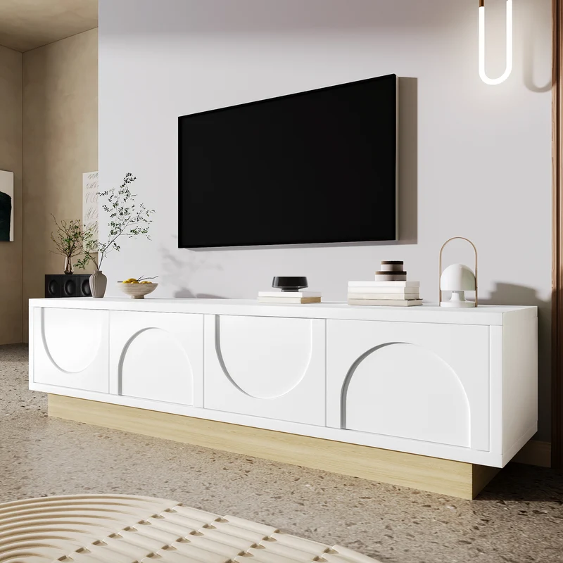Meuble TV blanc 4 portes motif courbé 175x40x41,5cm ADJUSTGOLDLINE