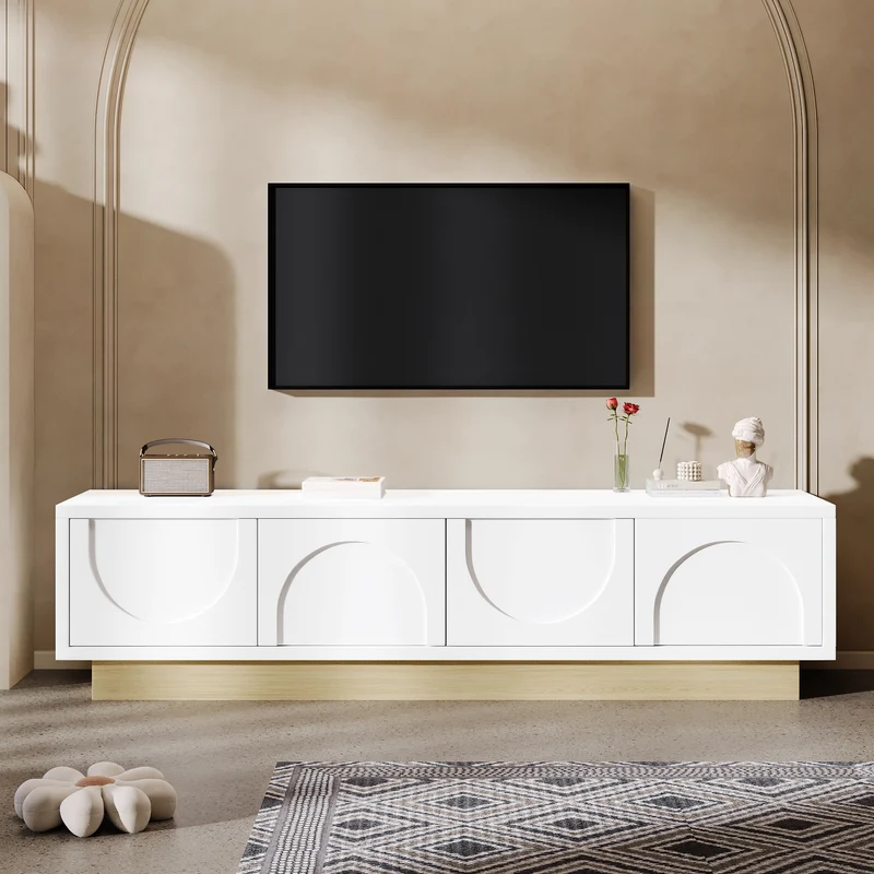 Meuble TV blanc 4 portes motif courbé 175x40x41,5cm ADJUSTGOLDLINE
