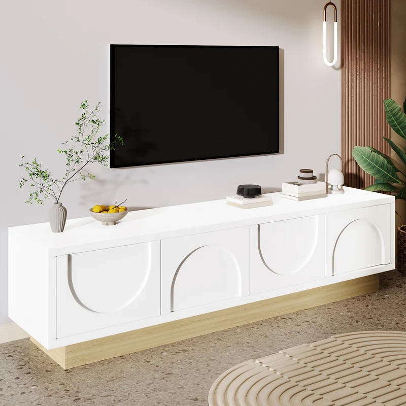 Meuble TV blanc 4 portes motif courbé 175x40x41,5cm ADJUSTGOLDLINE