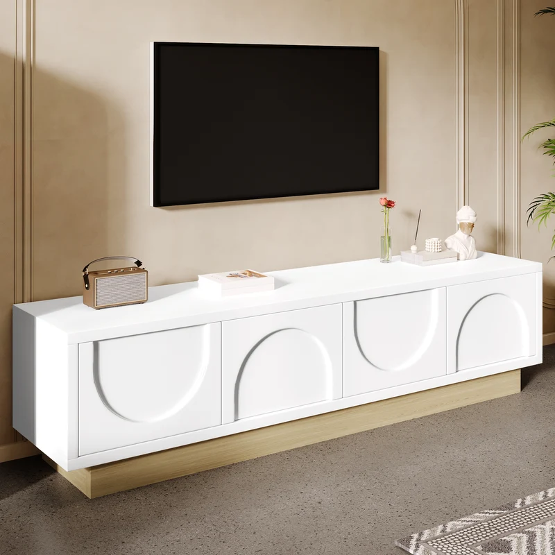 Meuble TV blanc 4 portes motif courbé 175x40x41,5cm ADJUSTGOLDLINE