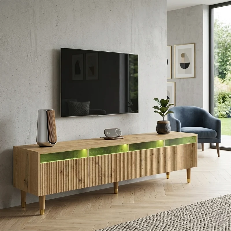 Meuble TV effet bois 4 tiroirs et verre trempé avec LED 178 cm ARMOIREFRESH