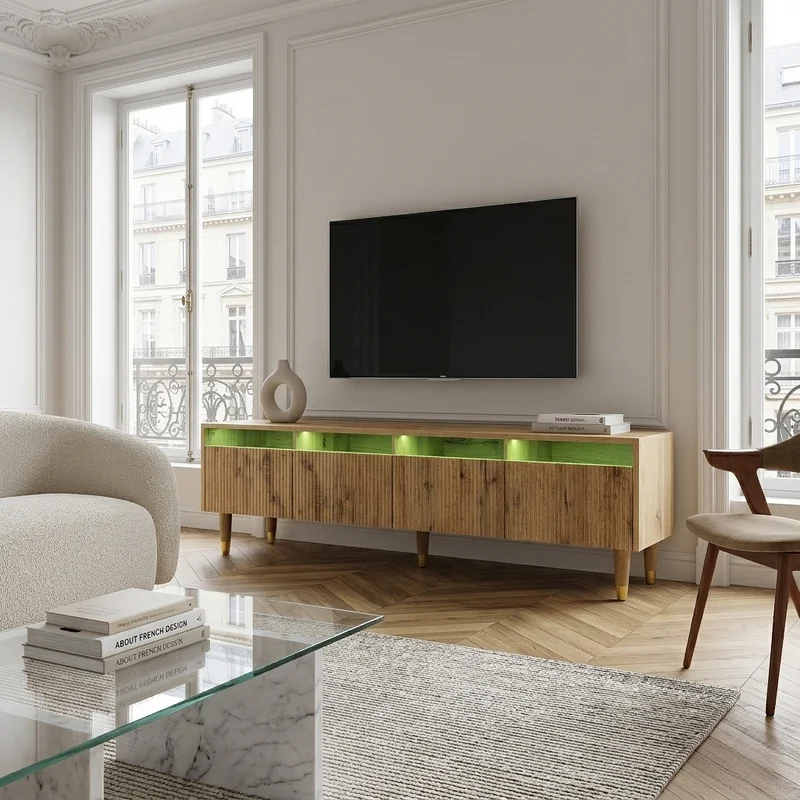 Meuble TV effet bois 4 tiroirs et verre trempé avec LED 178 cm ARMOIREFRESH
