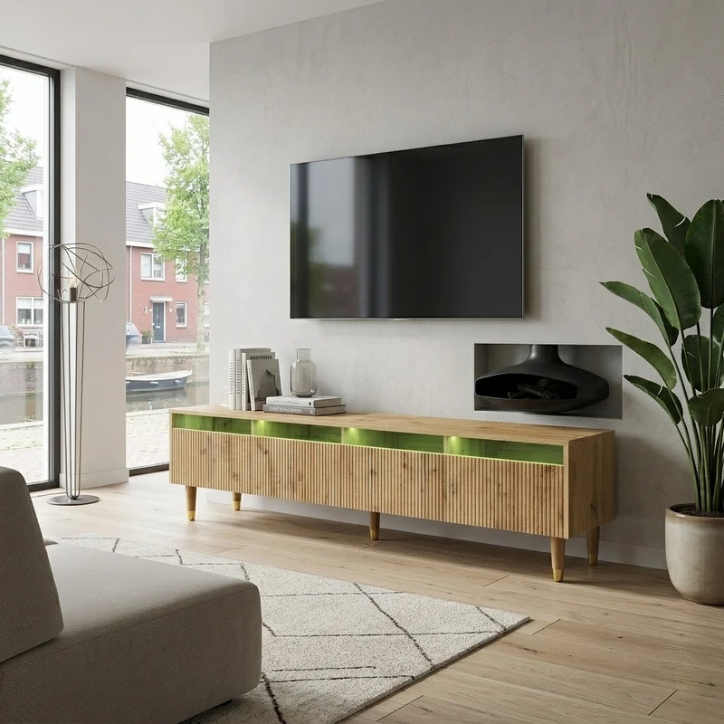 Meuble TV effet bois 4 tiroirs et verre trempé avec LED 178 cm ARMOIREFRESH