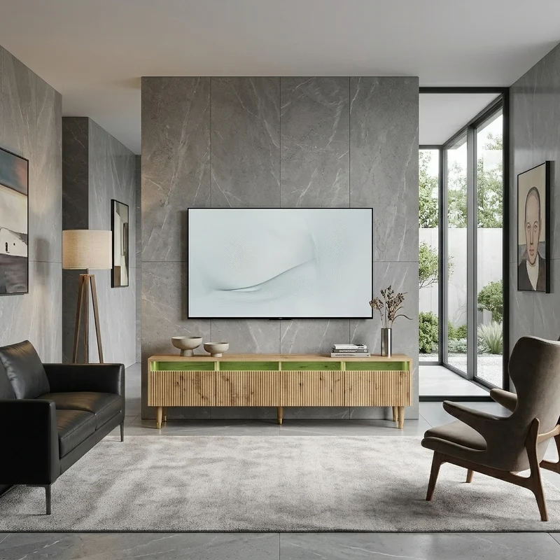 Meuble TV effet bois 4 tiroirs et verre trempé avec LED 178 cm ARMOIREFRESH