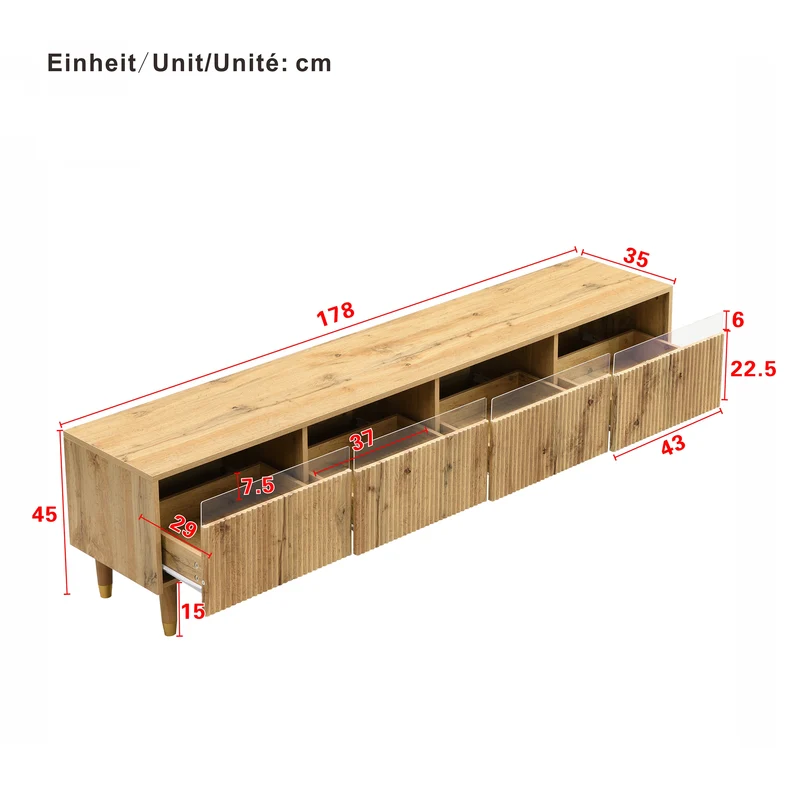 Meuble TV effet bois 4 tiroirs et verre trempé avec LED 178 cm ARMOIREFRESH