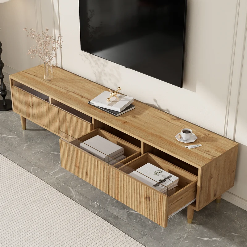 Meuble TV effet bois 4 tiroirs et verre trempé avec LED 178 cm ARMOIREFRESH