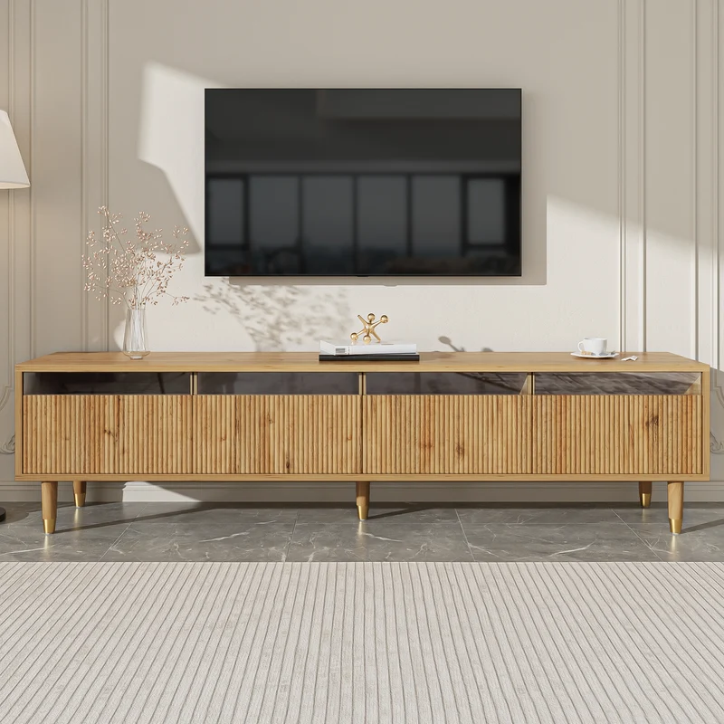 Meuble TV effet bois 4 tiroirs et verre trempé avec LED 178 cm ARMOIREFRESH