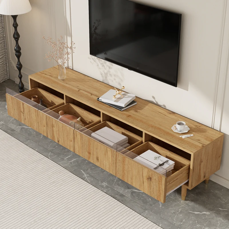 Meuble TV effet bois 4 tiroirs et verre trempé avec LED 178 cm ARMOIREFRESH