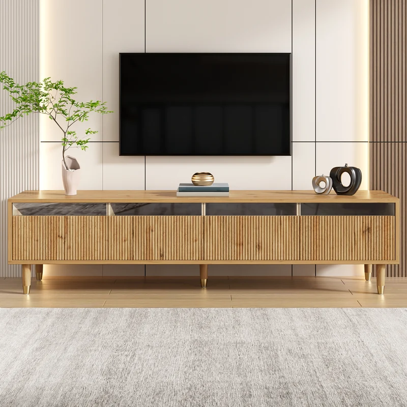 Meuble TV effet bois 4 tiroirs et verre trempé avec LED 178 cm ARMOIREFRESH