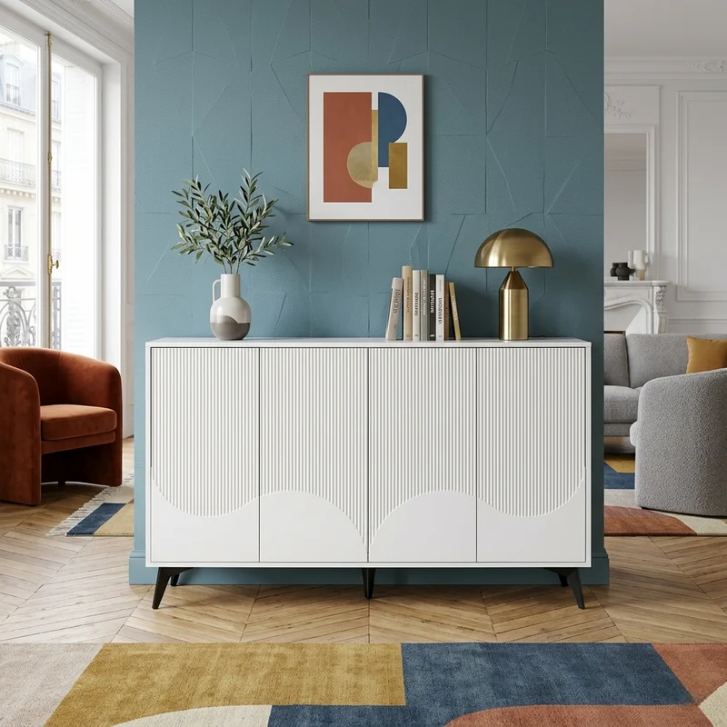 Buffet blanc design vague 4 portes pieds en métal noir 160x35x100cm ALUMINUMBASKET