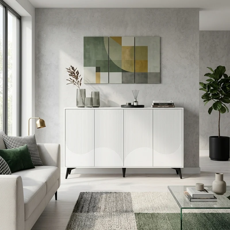 Buffet blanc design vague 4 portes pieds en métal noir 160x35x100cm ALUMINUMBASKET