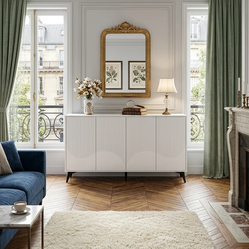 Buffet blanc design vague 4 portes pieds en métal noir 160x35x100cm ALUMINUMBASKET