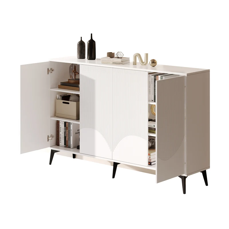 Buffet blanc design vague 4 portes pieds en métal noir 160x35x100cm ALUMINUMBASKET