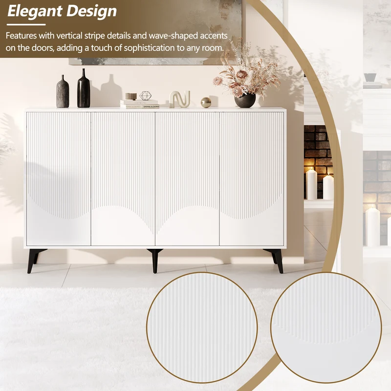 Buffet blanc design vague 4 portes pieds en métal noir 160x35x100cm ALUMINUMBASKET