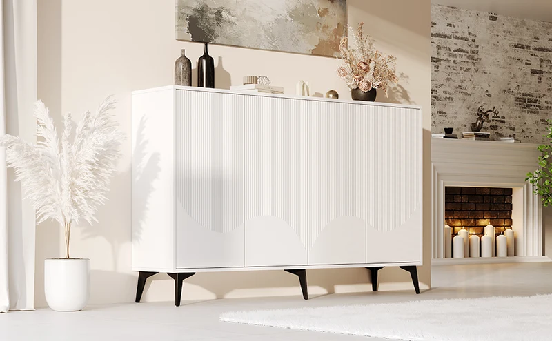 Buffet blanc design vague 4 portes pieds en métal noir 160x35x100cm ALUMINUMBASKET