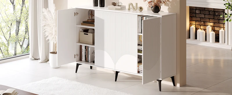 Buffet blanc design vague 4 portes pieds en métal noir 160x35x100cm ALUMINUMBASKET