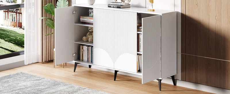 Buffet blanc design vague 4 portes pieds en métal noir 160x35x100cm ALUMINUMBASKET