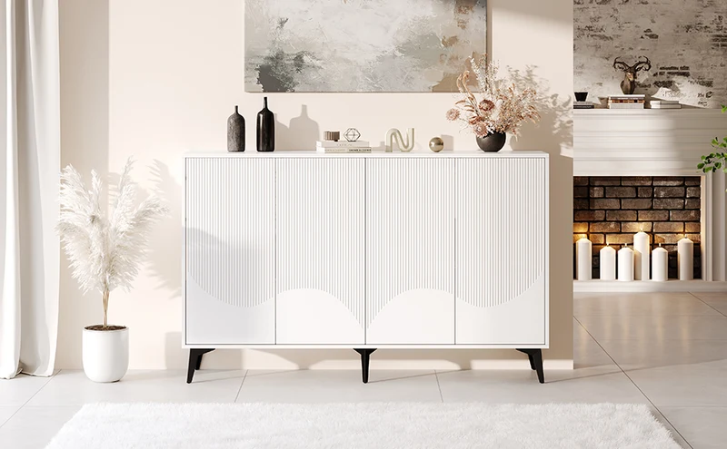 Buffet blanc design vague 4 portes pieds en métal noir 160x35x100cm ALUMINUMBASKET