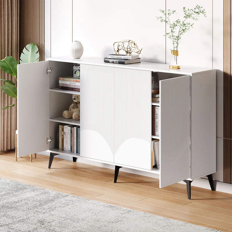 Buffet blanc design vague 4 portes pieds en métal noir 160x35x100cm ALUMINUMBASKET