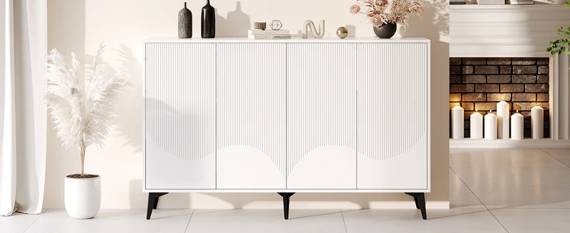 Buffet blanc design vague 4 portes pieds en métal noir 160x35x100cm ALUMINUMBASKET