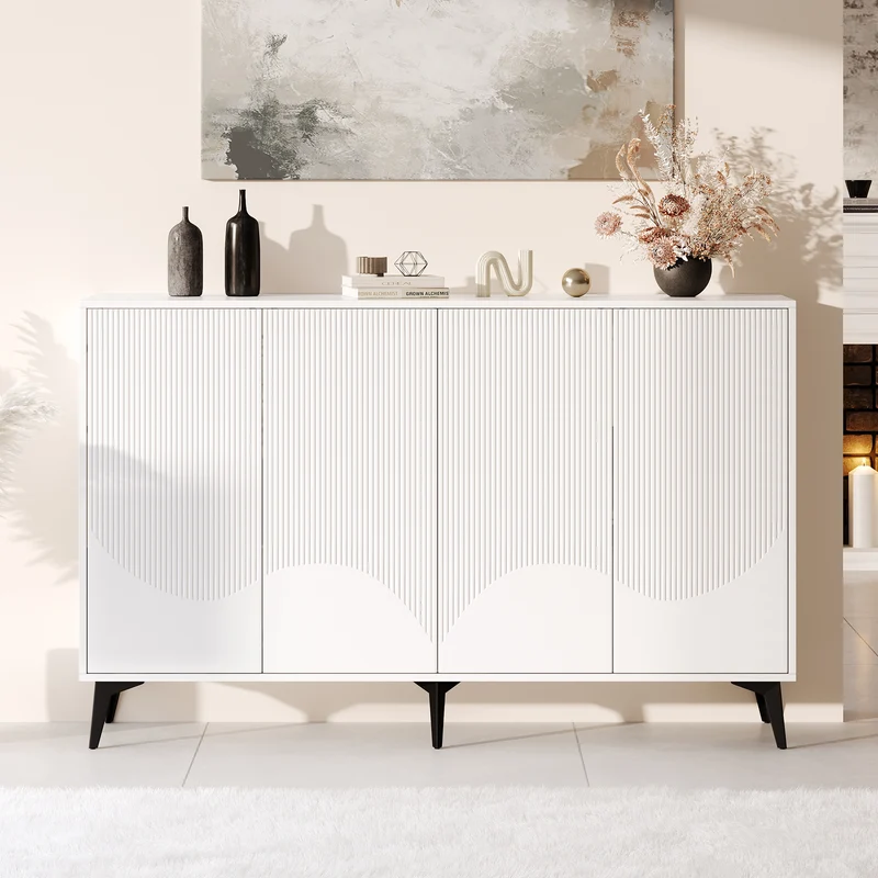 Buffet blanc design vague 4 portes pieds en métal noir 160x35x100cm ALUMINUMBASKET
